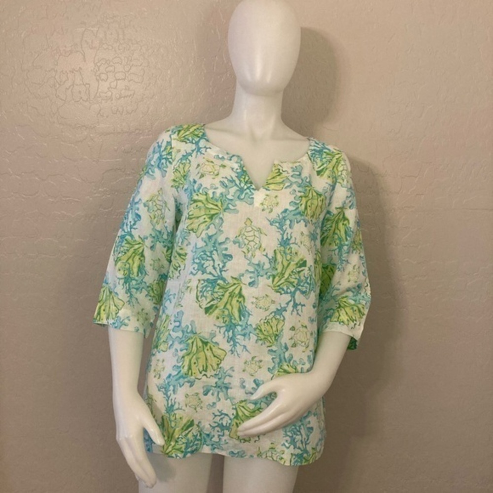 J. Jill Love Linen Aqua/Green Coral Turtles Tunic Top Small